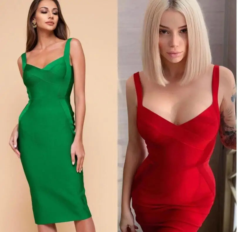 High Quality Pink Green Red Bodycon Knee Length Rayon Bandage Dress Evening Party Dress Vestidos - reetell