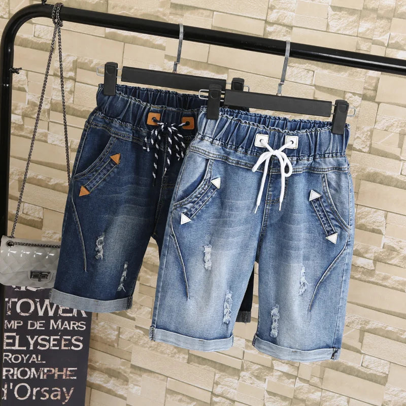 Large Size Women Fat MM Summer Students Denim Shorts Female Five Points Wide Leg Harem Trousers MZ1573 - reetell