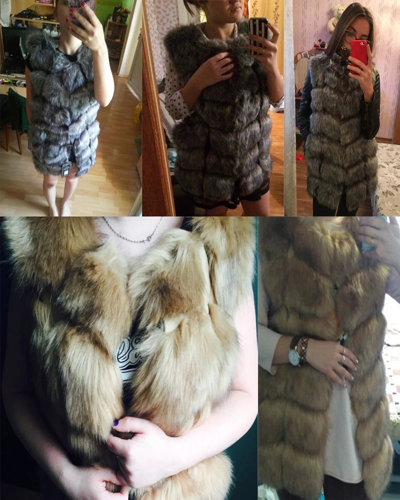 ZADORIN 4XL Female Fur Waistcoat Winter Warm Faux Fox Fur Vest Women High-Grade Cappa Fashion O-Neck Long Fur Coat Cardigan - reetell