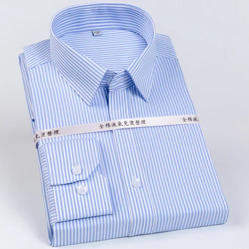 Men's Classic Striped Printed Wrinkle-Resistant Dress Shirts 100% Cotton Regular-Fit Formal Business Long-Sleeve Non-iron Shirt