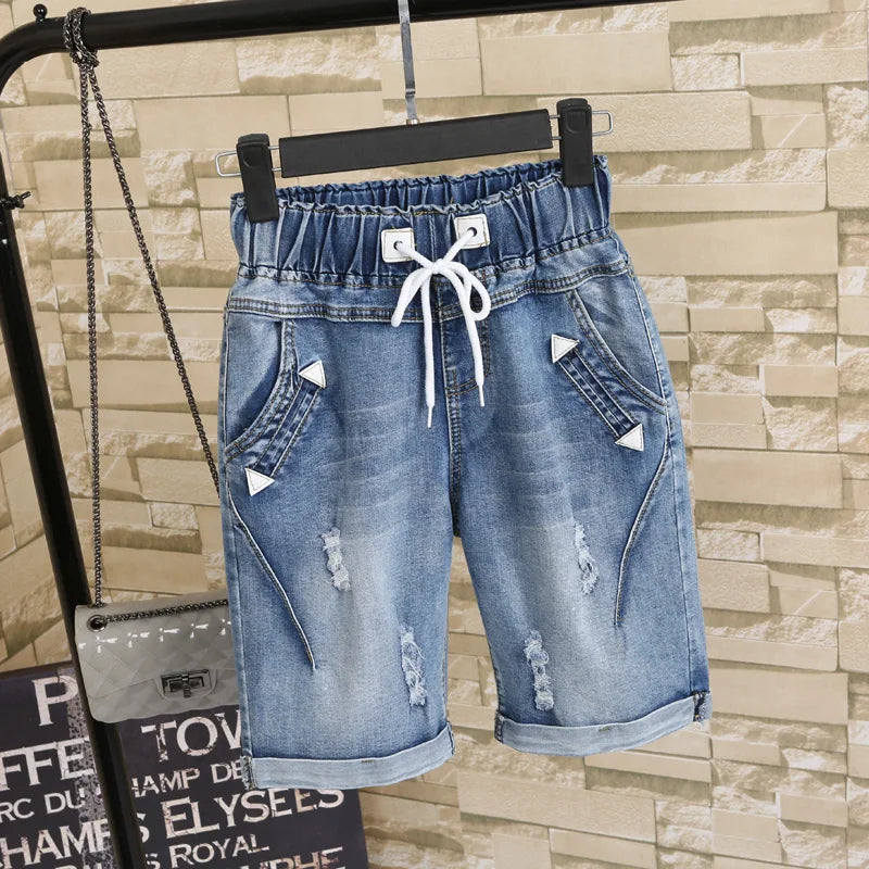 Large Size Women Fat MM Summer Students Denim Shorts Female Five Points Wide Leg Harem Trousers MZ1573 - reetell