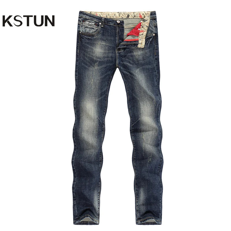 KSTUN Jeans Men New Arrivals Autumn Winter Direct Straight Retro Blue Stretch Vintage Casaul Streetwear Moto Biker Jeans Size 40 - reetell