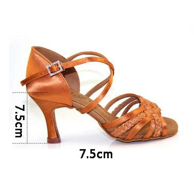 Latin Dance Shoes Woman Adult Soft Bottom Awl High Heel Salsa Square Dance Shoes BD Latin Shoes Genuine 2360-B Imported Satin