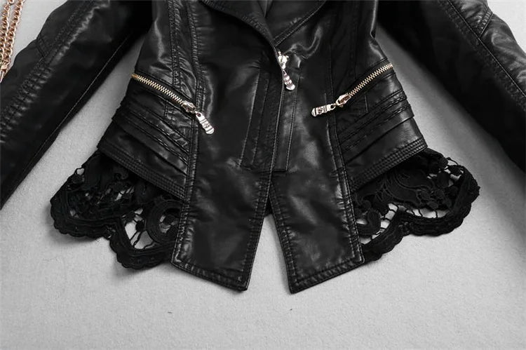 SWREDMI Women's Leather Jacket 2024 New Slim Fashion Lace Stitching Leather Clothing Female S-4XL Leather Coat Black Tops