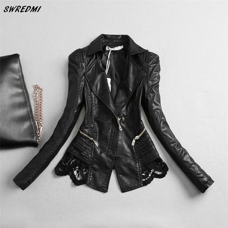 SWREDMI Women's Leather Jacket 2024 New Slim Fashion Lace Stitching Leather Clothing Female S-4XL Leather Coat Black Tops