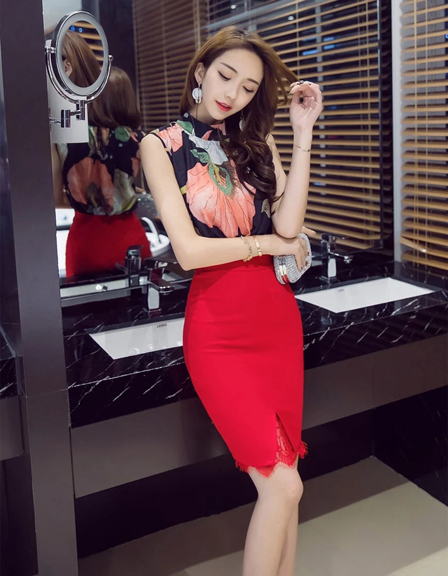 SEXMKL 5XL Women Summer Mini Skirts 2024 Fashion High Waist Skirt Lace Patchwork Ladies Midi Skirt Elegant Stretch Pencil Skirt - reetell