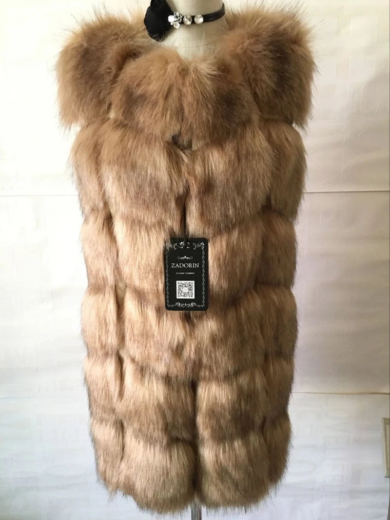 ZADORIN 4XL Female Fur Waistcoat Winter Warm Faux Fox Fur Vest Women High-Grade Cappa Fashion O-Neck Long Fur Coat Cardigan - reetell