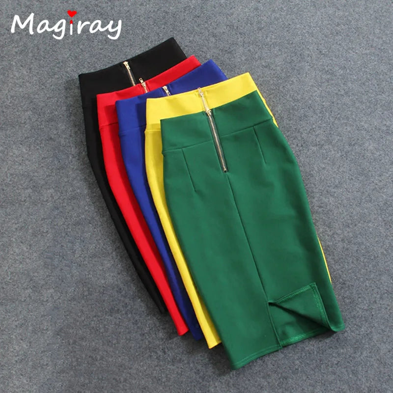 Magiray High Waist Elastic Pencil Skirt Female Bodycon Skirts Womens Summer 2020 Knee Length Back Split Ladies Office Saia C571 - reetell