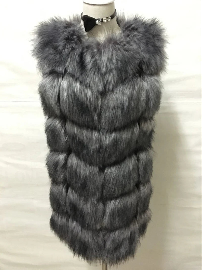 ZADORIN 4XL Female Fur Waistcoat Winter Warm Faux Fox Fur Vest Women High-Grade Cappa Fashion O-Neck Long Fur Coat Cardigan - reetell