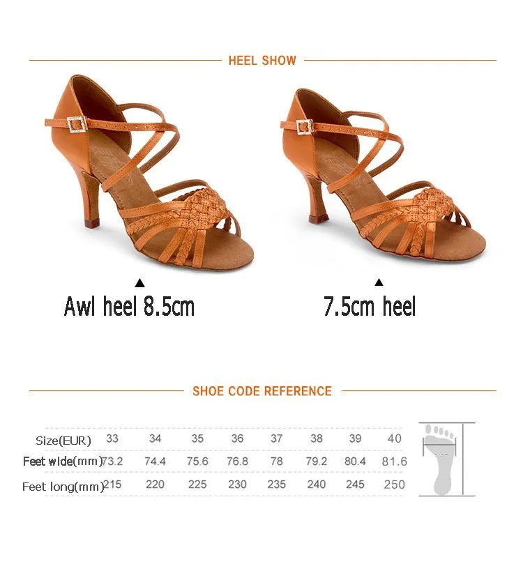 Latin Dance Shoes Woman Adult Soft Bottom Awl High Heel Salsa Square Dance Shoes BD Latin Shoes Genuine 2360-B Imported Satin