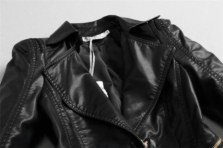 SWREDMI Women's Leather Jacket 2024 New Slim Fashion Lace Stitching Leather Clothing Female S-4XL Leather Coat Black Tops