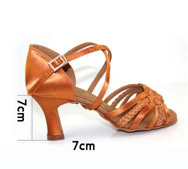 Latin Dance Shoes Woman Adult Soft Bottom Awl High Heel Salsa Square Dance Shoes BD Latin Shoes Genuine 2360-B Imported Satin