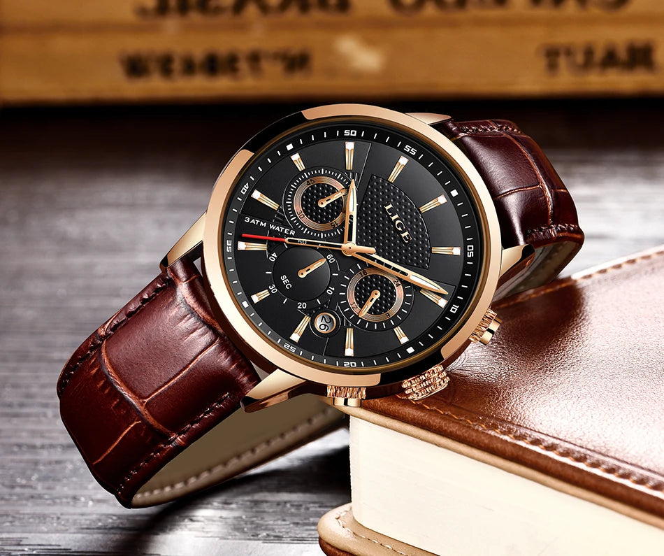 2024 New Mens Watches LIGE Top Brand Luxury Leather Casual Quartz Watch Men's Sport Waterproof Clock Watch Relogio Masculino+Box