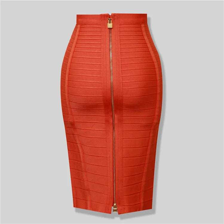 High Quality Black Red Blue Orange Zipper Bodycon Rayon Bandage Skirt Day Party Pencil Skirt - reetell