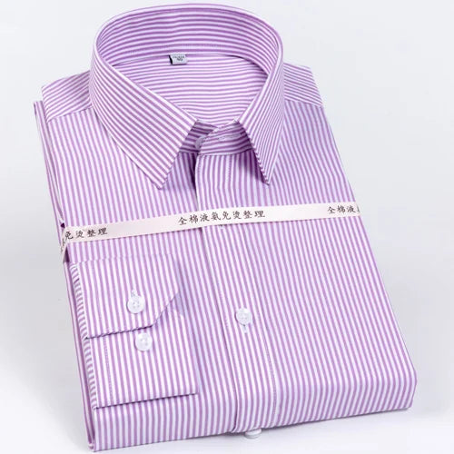 Men's Classic Striped Printed Wrinkle-Resistant Dress Shirts 100% Cotton Regular-Fit Formal Business Long-Sleeve Non-iron Shirt