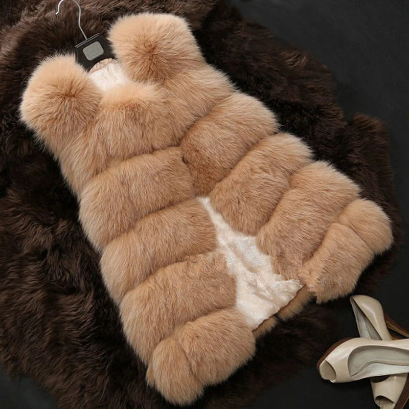 ZADORIN 4XL Female Fur Waistcoat Winter Warm Faux Fox Fur Vest Women High-Grade Cappa Fashion O-Neck Long Fur Coat Cardigan - reetell