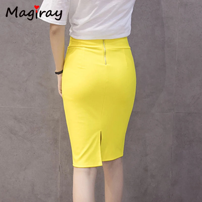 Magiray High Waist Elastic Pencil Skirt Female Bodycon Skirts Womens Summer 2020 Knee Length Back Split Ladies Office Saia C571 - reetell