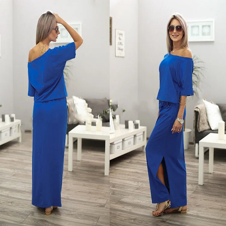 Sexy Slash neck Side Split Loose Dress Women Summer Long Maxi Dress Short Sleeve Evening Party Dress - reetell