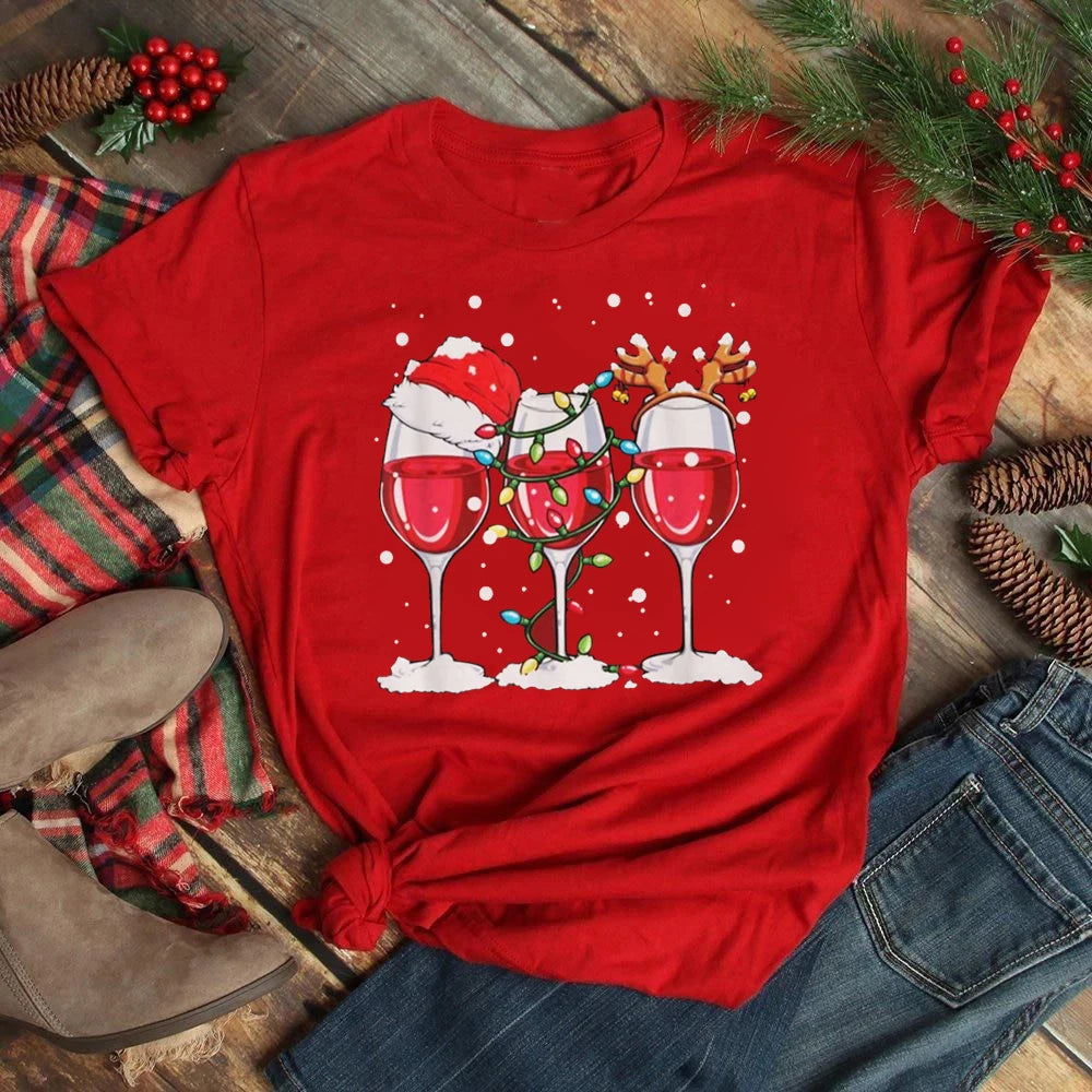 Maycaur Women Wine Glass Christmas Hats Black T Shirt Christmas Xmas Gifts Cartoon Top Tshirt Harajuku Fashion New Year T-shirt - reetell