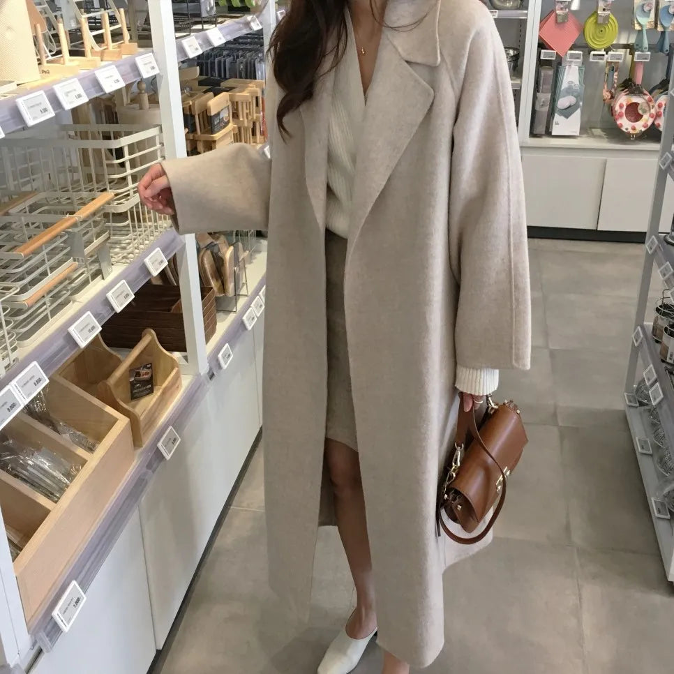 JXMYY French Lazy Style Warm Female Fresh Winter 2024 Classical Belt Retro Loose Women Woolen Coats Chic Casual Long Coat Long - reetell