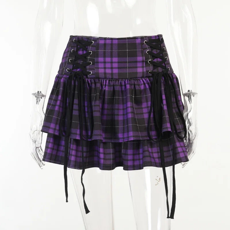 Vintage Y2K Punk Sexy High Waist Mini Skirts Purple Plaid Bandage Harajuku Aesthetic Skirt Goth Grunge Cake Skirt Streetwear - reetell