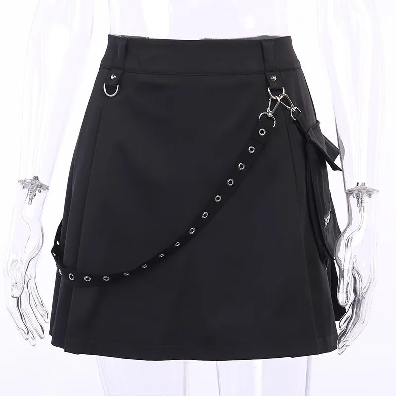 Black Skirt Harajuku Punk Gothic Black High Waist Black Women Sexy Patchwork Bandage Mini Skirt Female Streetwear - reetell