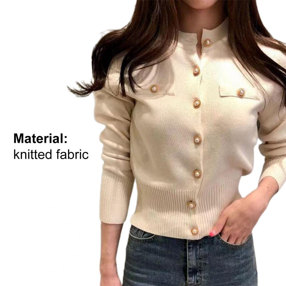 Women Cardigan Sweater Decorative Pockets Faux Pearl Buttons Knitted Coat Short Single Breasted Korean Slim Chic Ladies Tops - reetell