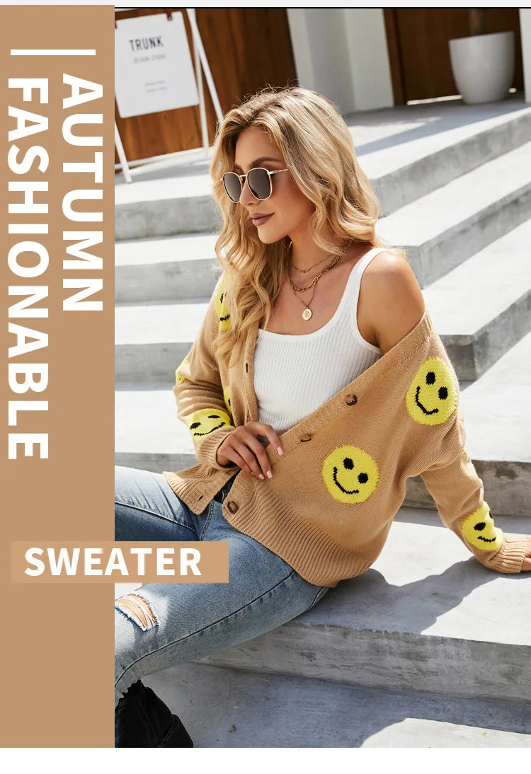 Women's Smiling Face Cardigan Autumn Winter New Female's Long Sleeve V Neck Single Breasted Knitted Shirt Casual Loose Knitwear - reetell