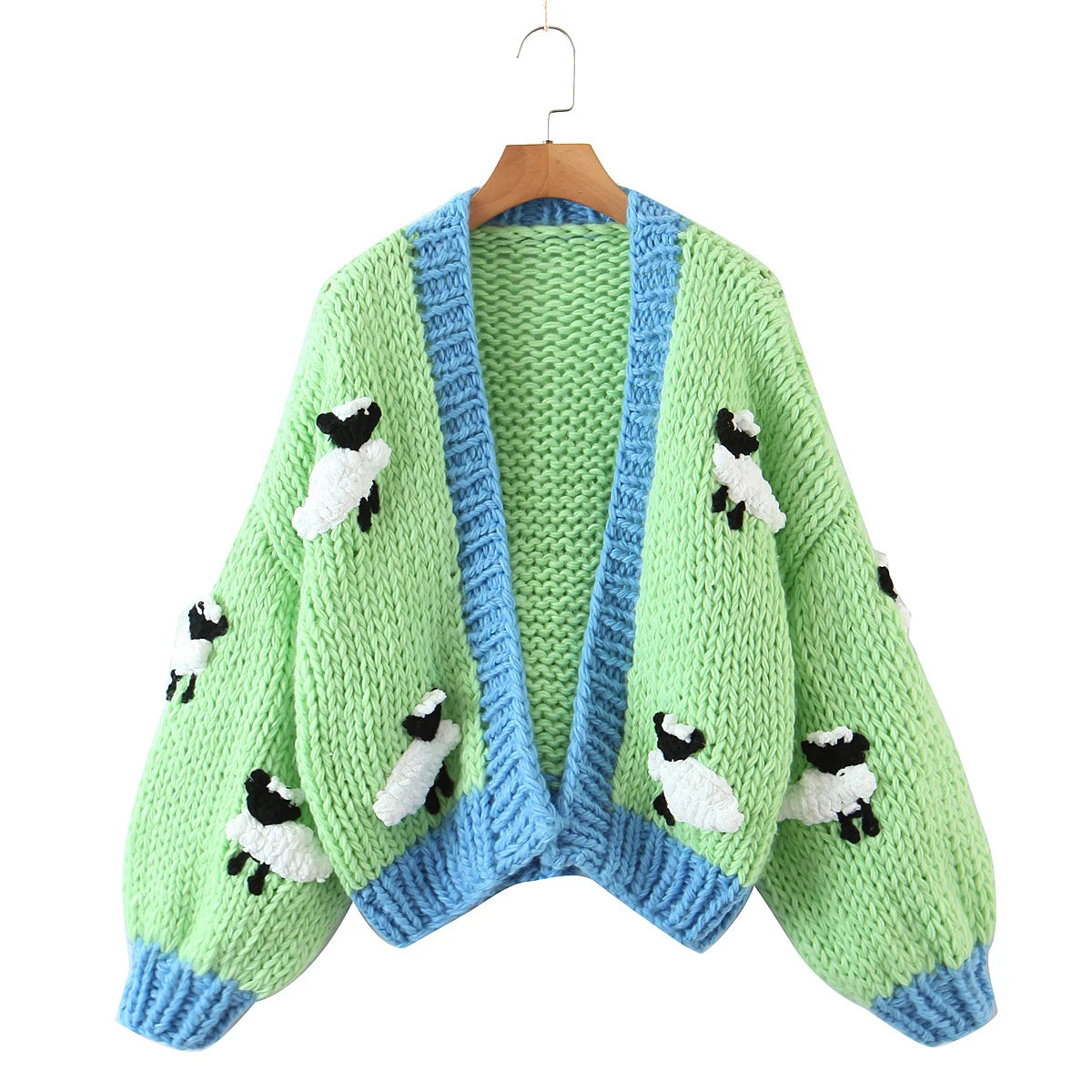 KONDALA 2023 Streetwear Green Handmade Sheep Appliques Knitted Cardigans Women Long Puff Sleeve Loose Jackets Stylish Sweater - reetell