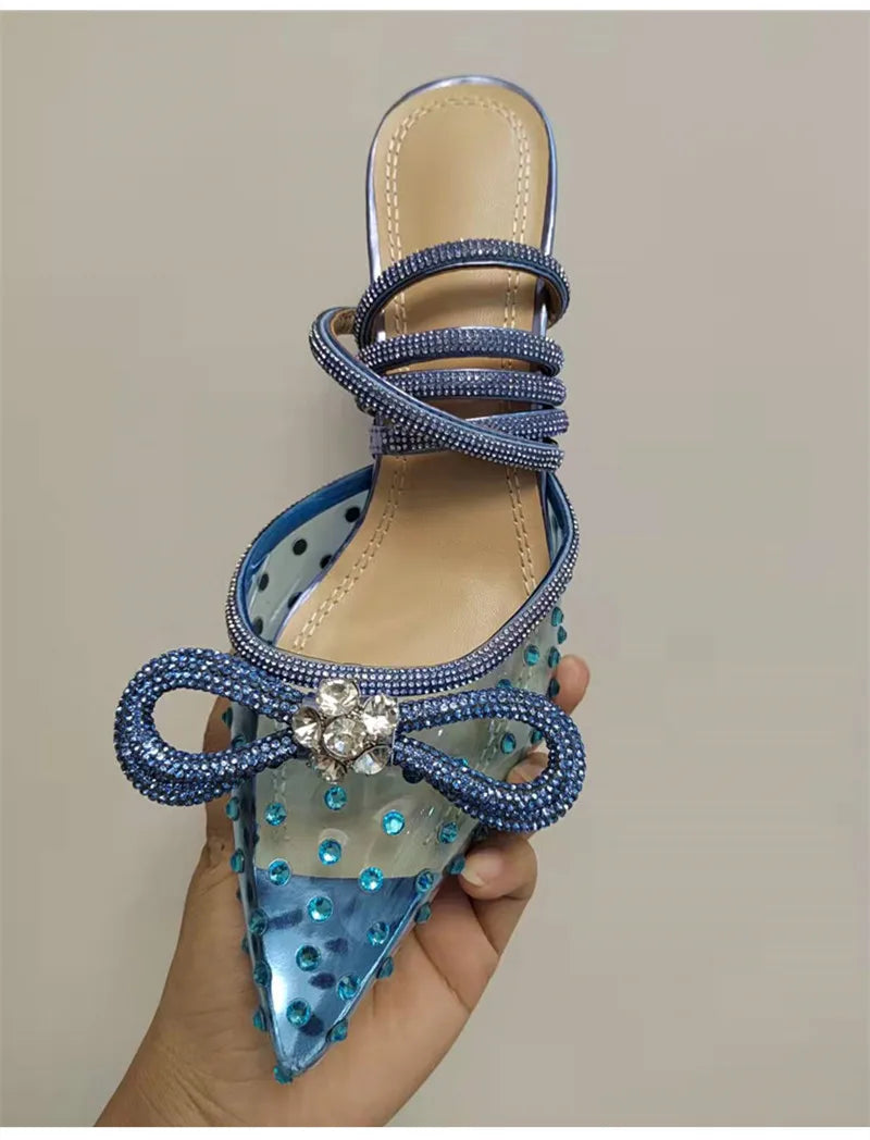 Brand Luxury Crystal Sequined Bowknot Women Pumps Sexy Ankle Strap High heels Female Sandals Summer Fashion Wedding Prom Shoes - reetell