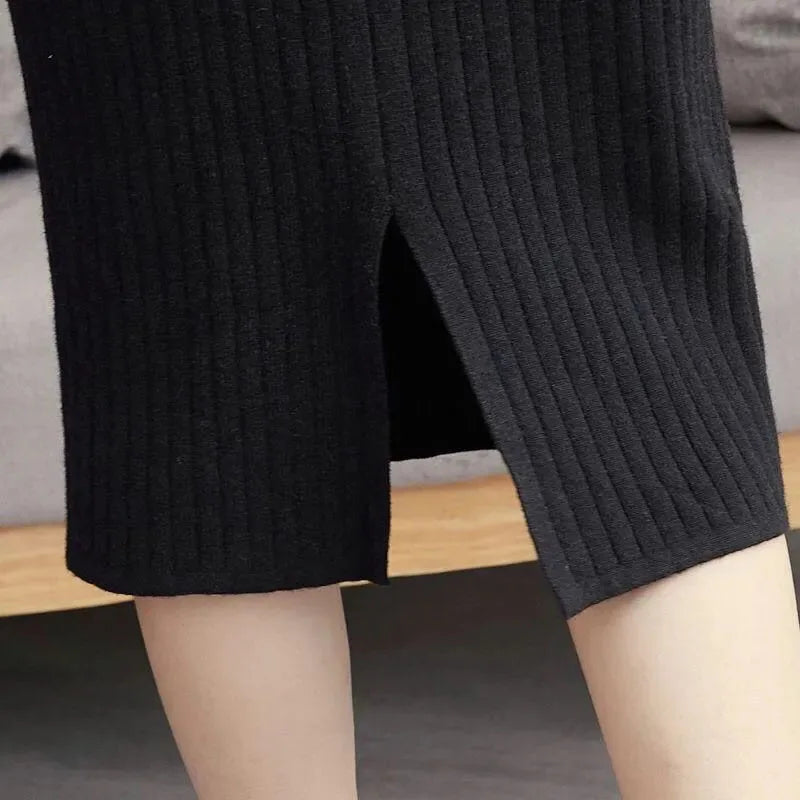 50-60-70 CM Fashion Autumn Winter Korean Knitted Women Skirts Elastic High Waist Split A-line Female Sexy Ribbed Skirts - reetell