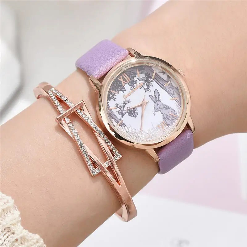 Luxury Rhinestones Women Watches Fashion Rabbit Pattern Dial Design Ladies Wristwatches Qualities Female Quartz Leather Watch