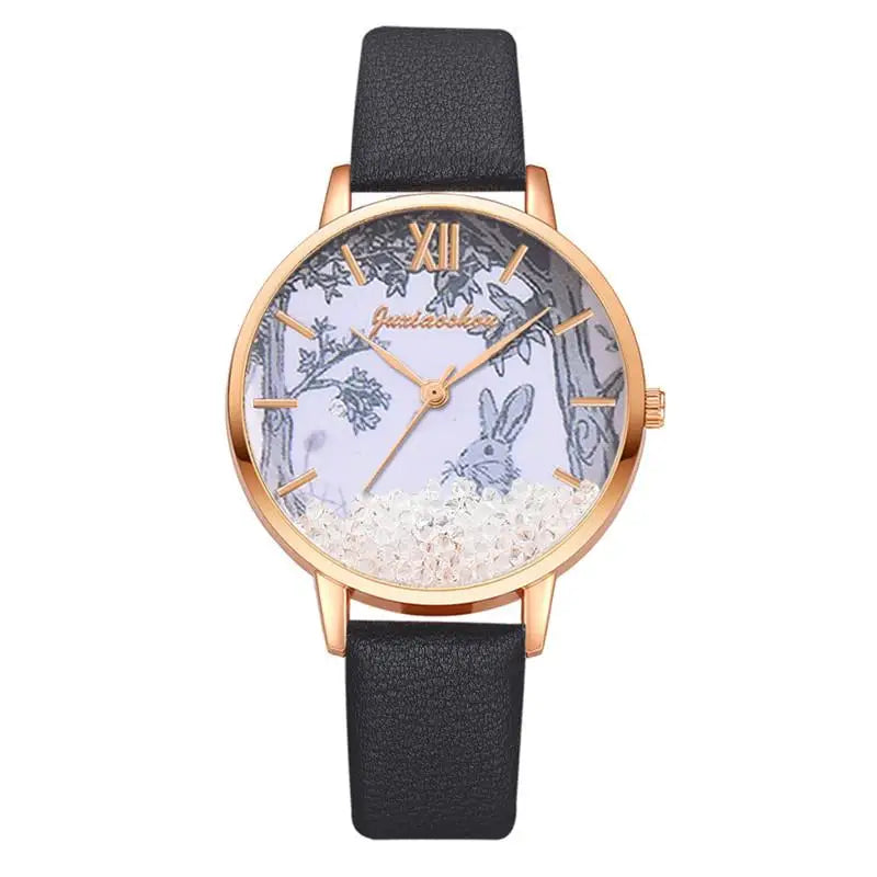 Luxury Rhinestones Women Watches Fashion Rabbit Pattern Dial Design Ladies Wristwatches Qualities Female Quartz Leather Watch