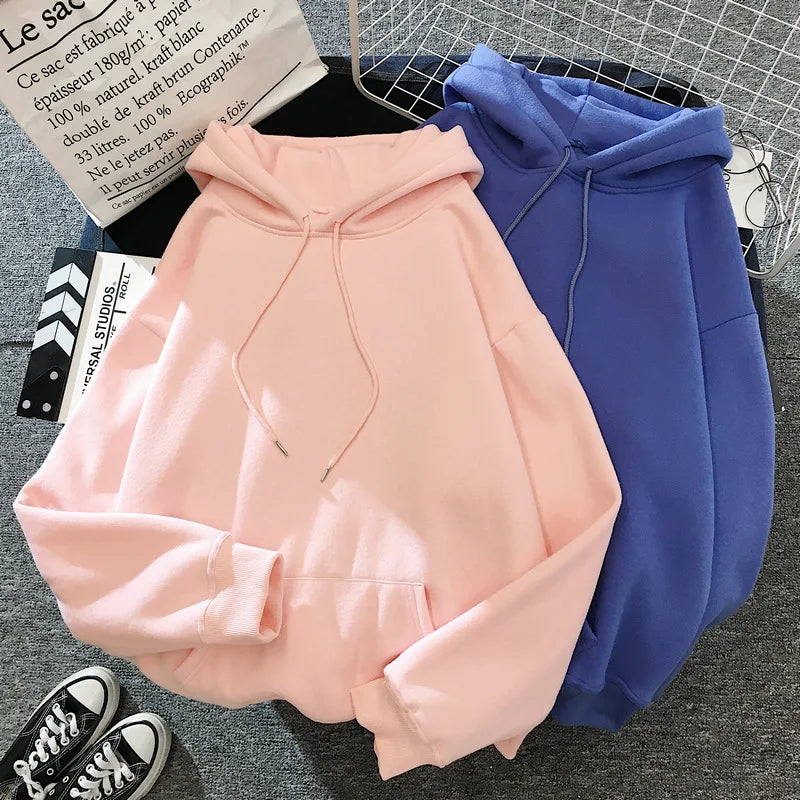 Zuolunouba Autumn And Winter Solid Color Plus Velvet Thickening Female Hoodie Casual Loose Drawstring Pocket Women Sweatshirt - reetell