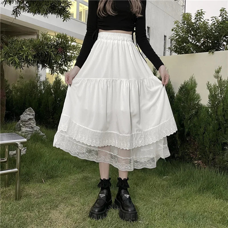 Y2k Gothic Tulle Pleated Skirt Black Lace Stitching Irregular Midi Skirt Women Vintage High Waist Long Skirt Korea Solid Hip Hop - reetell