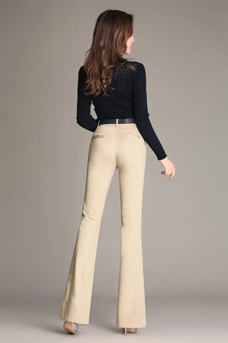 YUEY New Womens Spring Summer Trousers  Thin 100% Cotton Flared Pants Solid Color Casual Stretch S To 4XL Dropshiping - reetell