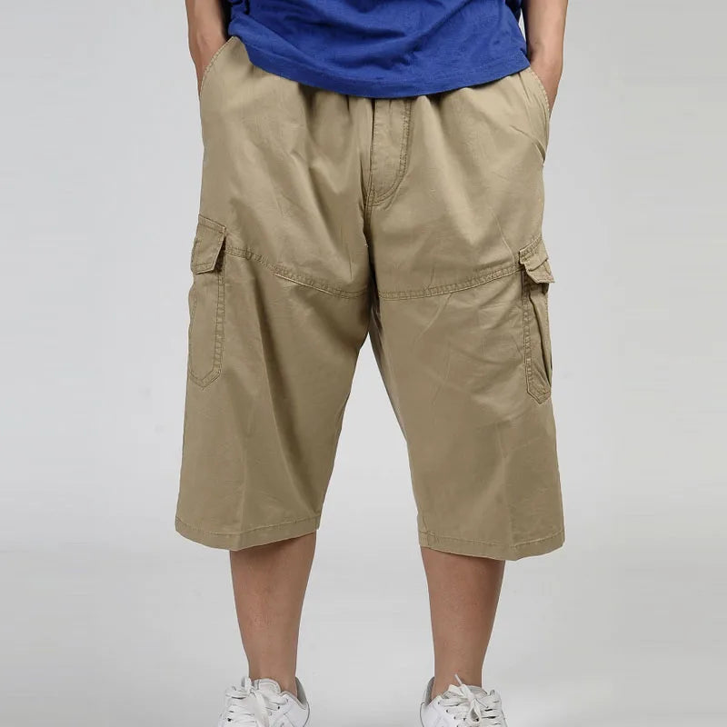 2023 Men Summer Multi-Pocket Baggy Cargo Cotton Calf Length Pants Casual Trouser Male Large Solid Color Shorts Plus Size Xl-6Xl - reetell