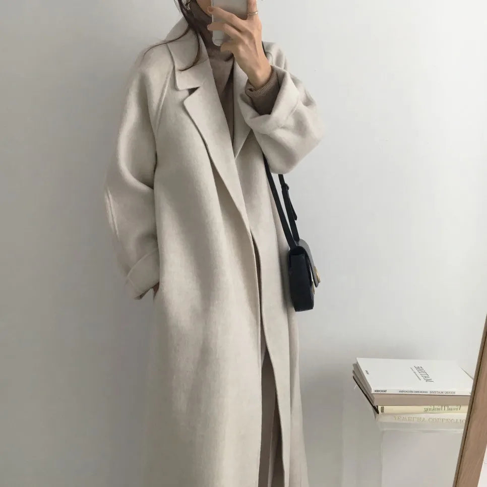 JXMYY French Lazy Style Warm Female Fresh Winter 2024 Classical Belt Retro Loose Women Woolen Coats Chic Casual Long Coat Long - reetell