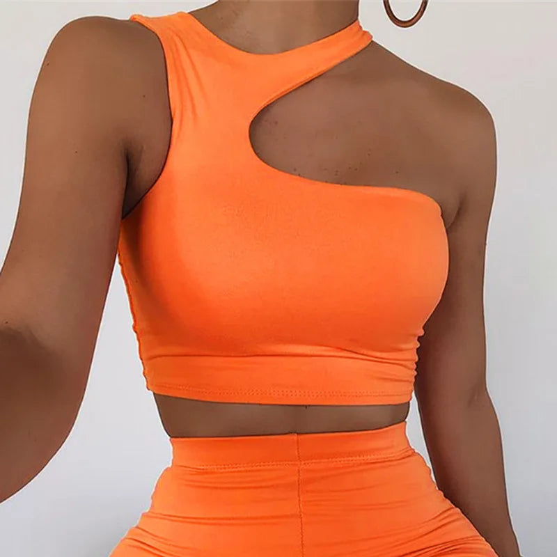 Cut Out Sexy Crop Off Shoulder Solid Skinny Sport Short Tops Women Tank Irregular Summer Tube Tops - reetell