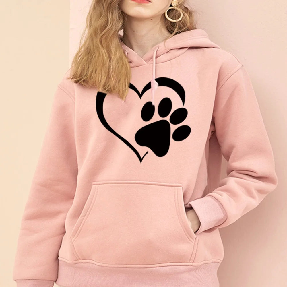 Women's Fashion Hoodie Loose Oversized Long Sleeve Sweatshirts Black Love Footprint Printed Clothing Ladies Harajuku Pullover - reetell