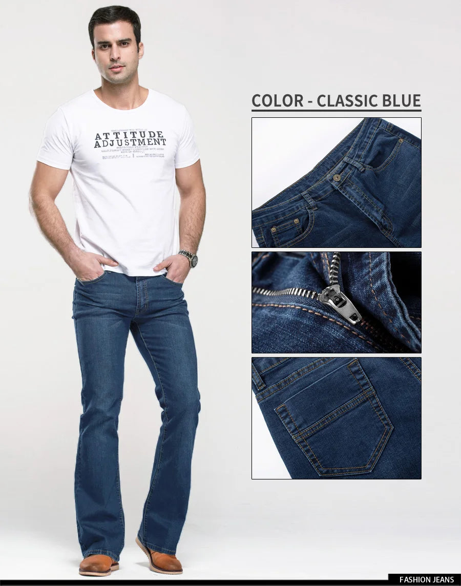 Mens Boot Cut Jeans Slightly Flared Slim Fit Blue Black Trousers Designer Classic Male Stretch Denim Pants - reetell