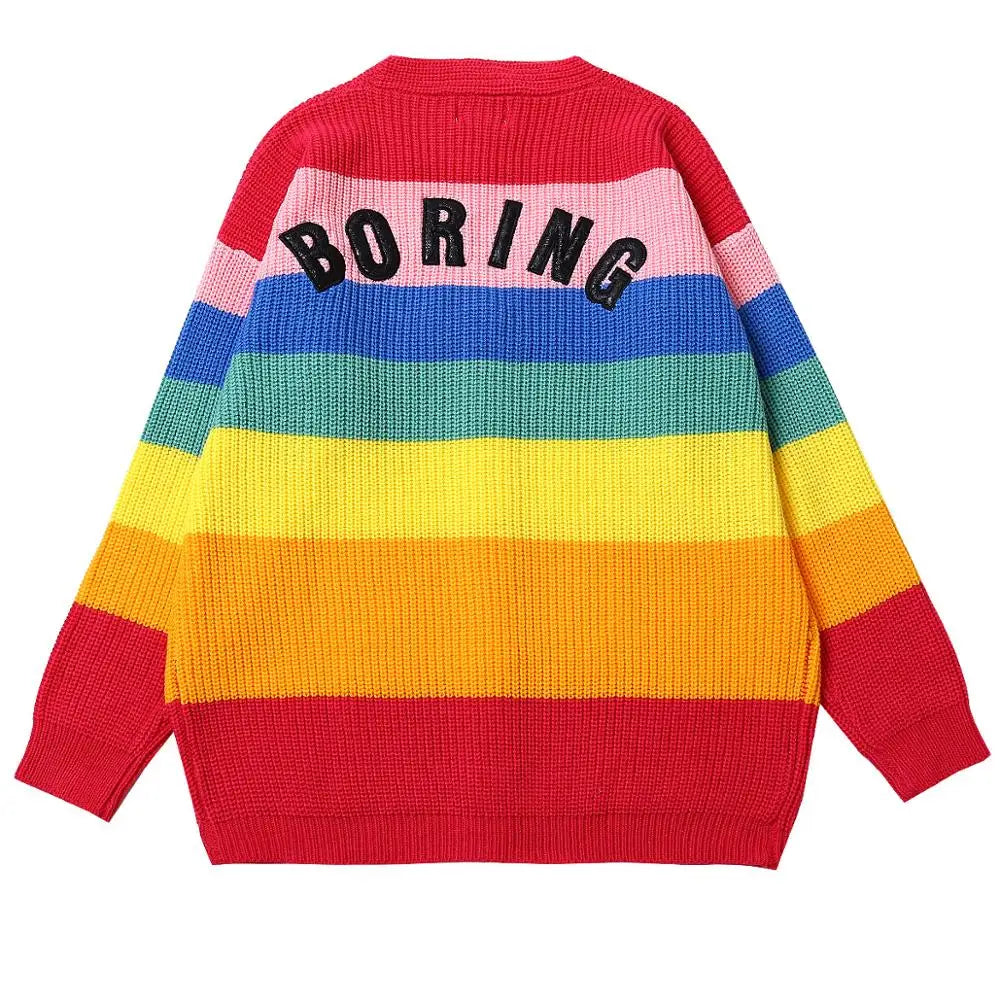 BORING Letters Rainbow Multicolor Striped Loose Kimono Cardigan Women Fall Winter Knitted Cardigan Sweet Long Sweater C111 - reetell