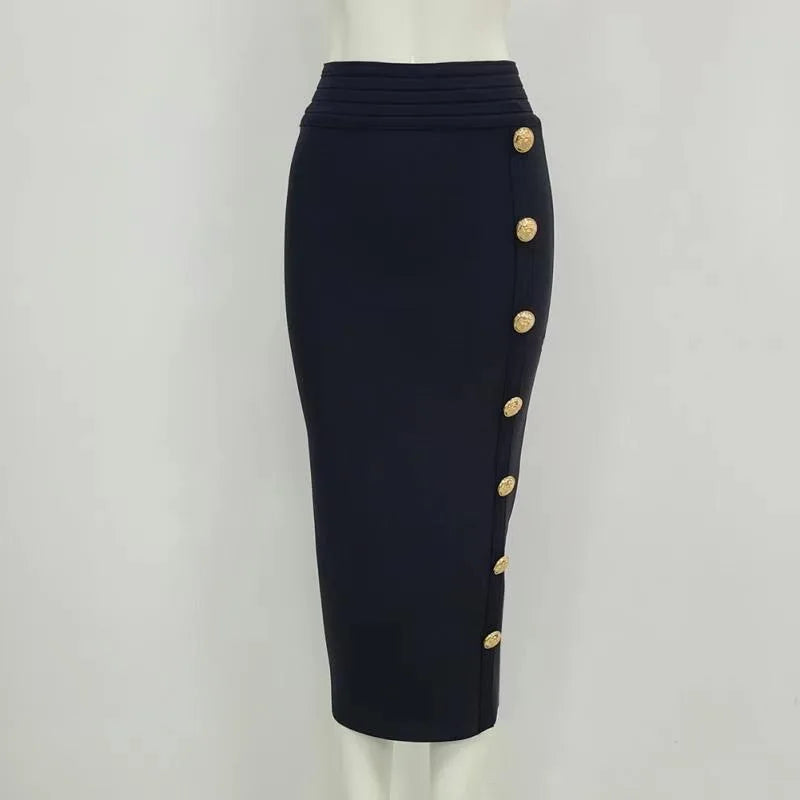 New Arrival Women Button Black Blue Red Bodycon Bandage Skirt 2024 Designer High Waist High Street Party Club Pencil Skirt 75cm - reetell