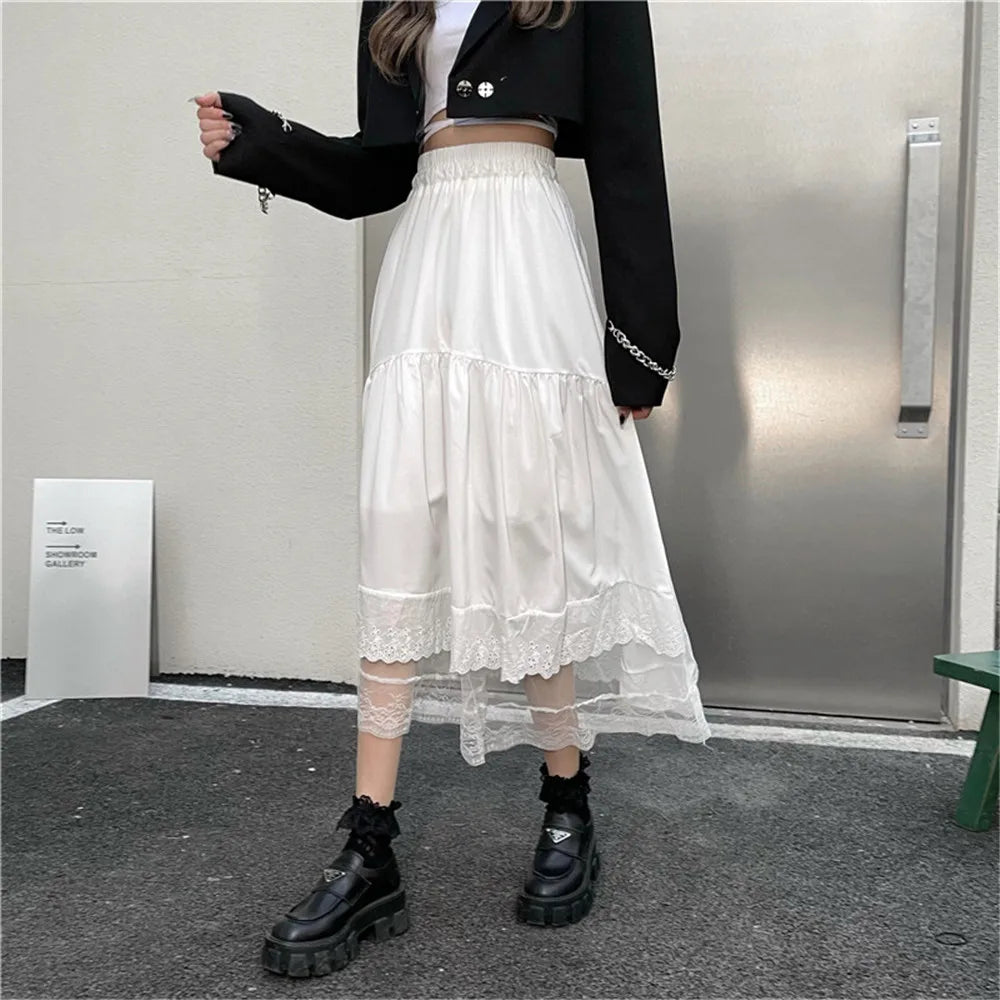 Y2k Gothic Tulle Pleated Skirt Black Lace Stitching Irregular Midi Skirt Women Vintage High Waist Long Skirt Korea Solid Hip Hop - reetell