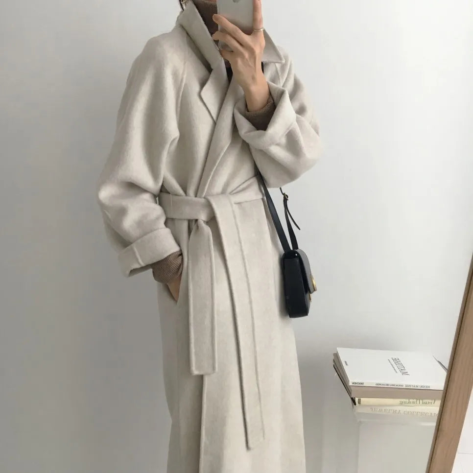 JXMYY French Lazy Style Warm Female Fresh Winter 2024 Classical Belt Retro Loose Women Woolen Coats Chic Casual Long Coat Long - reetell