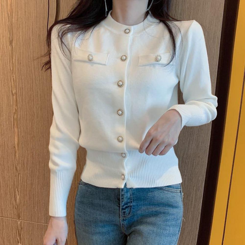 Women Cardigan Sweater Decorative Pockets Faux Pearl Buttons Knitted Coat Short Single Breasted Korean Slim Chic Ladies Tops - reetell