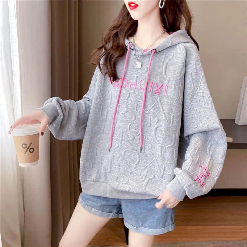 Autumn New Embroidery Hoodies Womens Fashion Loose Large Size Hoodie Korean Trendy Thin Long-sleeved Versatile Hooded Sweatshirt - reetell