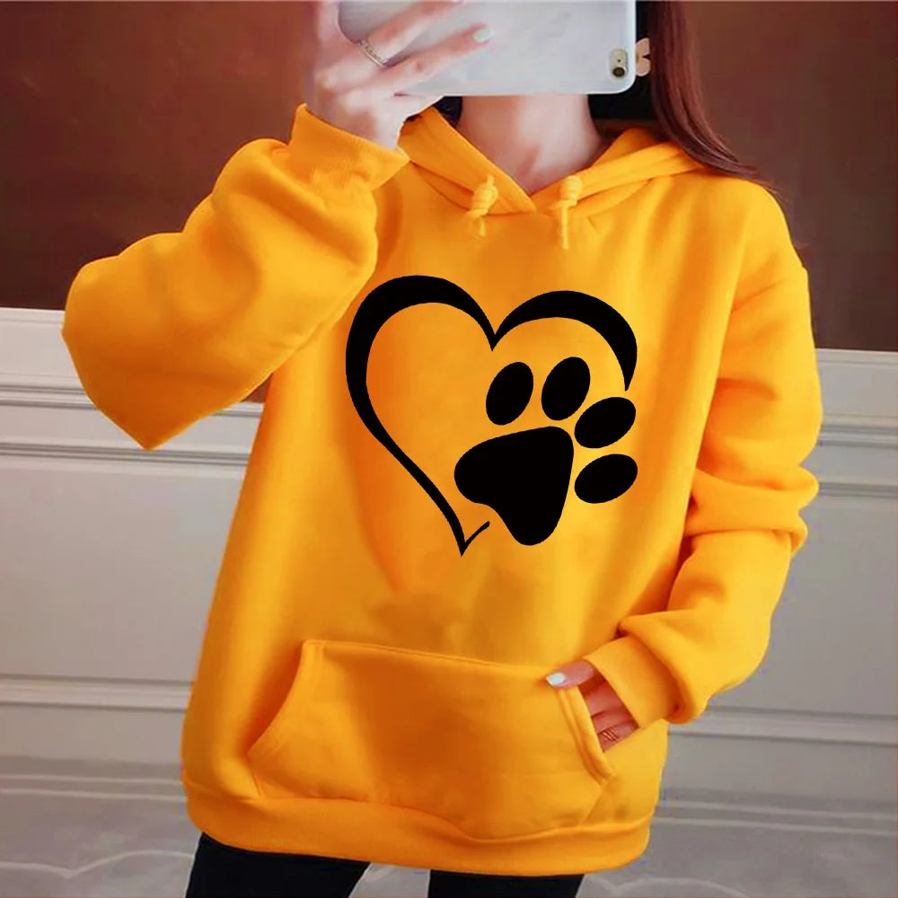 Women's Fashion Hoodie Loose Oversized Long Sleeve Sweatshirts Black Love Footprint Printed Clothing Ladies Harajuku Pullover - reetell