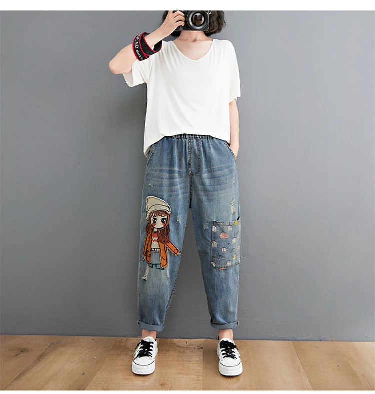 6537 Cartoon Litter Girl Embroidery Denim Pants For Women Trendy Hole Casual High Waist Breeches Pockets Mom Harem Blue Jeans - reetell