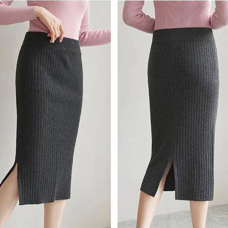 50-60-70 CM Fashion Autumn Winter Korean Knitted Women Skirts Elastic High Waist Split A-line Female Sexy Ribbed Skirts - reetell